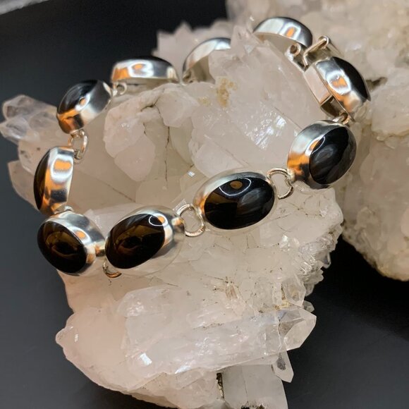 Taxco Black Onyx Sterling Silver 925 Mexico Vtg Bracelet Modernist J419 - Picture 3 of 10